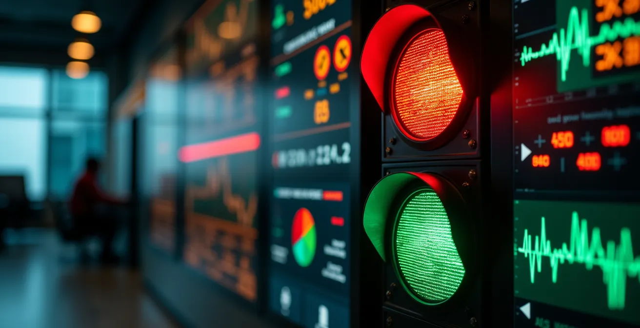 Schermo di controllo mostrante sistema di gestione allarmi con indicatori colorati e priorità visualizzate graficamente