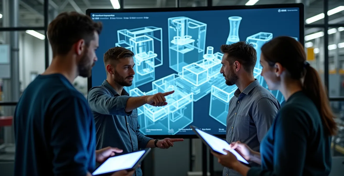 Team multidisciplinare durante una sessione di design review con visualizzazione 3D