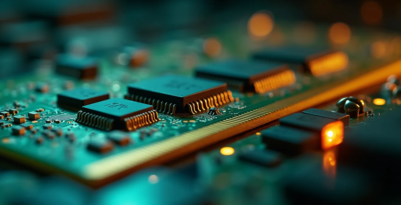 Dettaglio macro di scheda memoria PLC con indicatori LED di stato