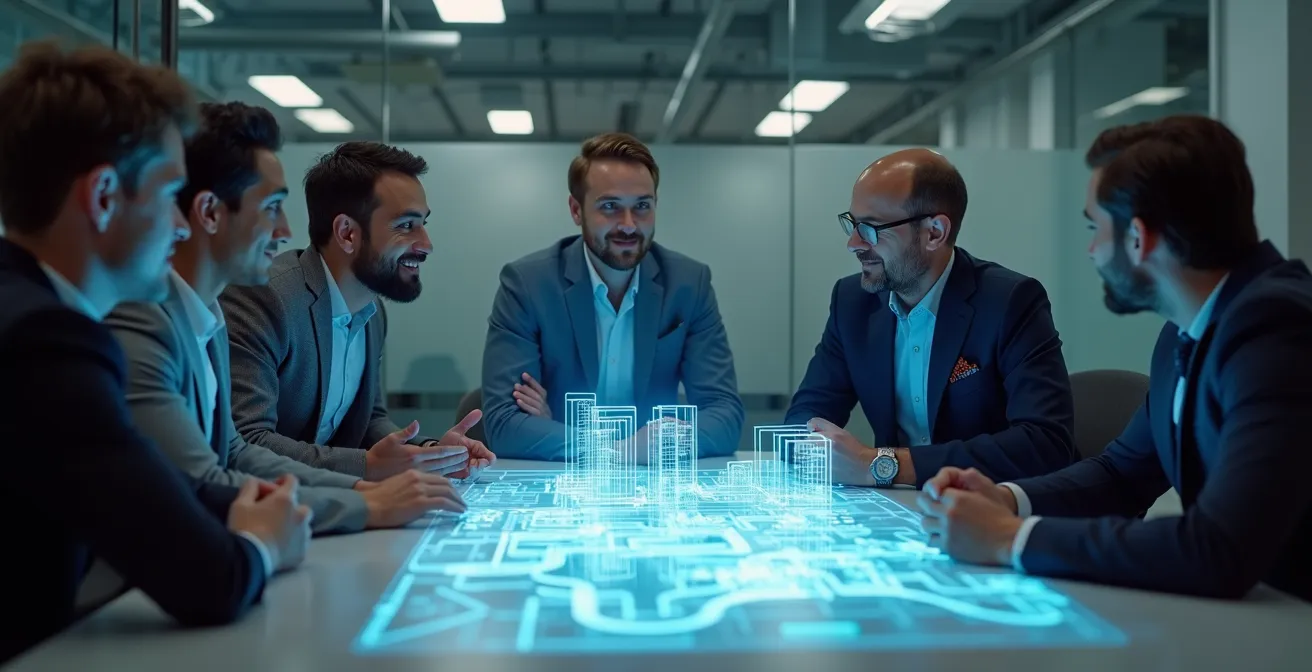 Team multidisciplinare di ingegneri che collaborano attorno a un modello 3D olografico di processo produttivo