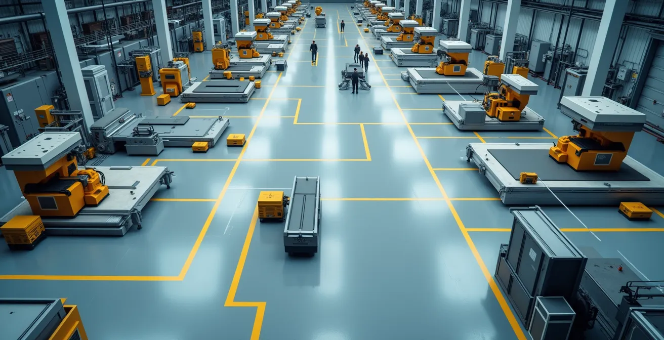 Vista aerea del layout ottimizzato di una fabbrica con isole di manifattura avanzata interconnesse e flussi di materiali digitalizzati