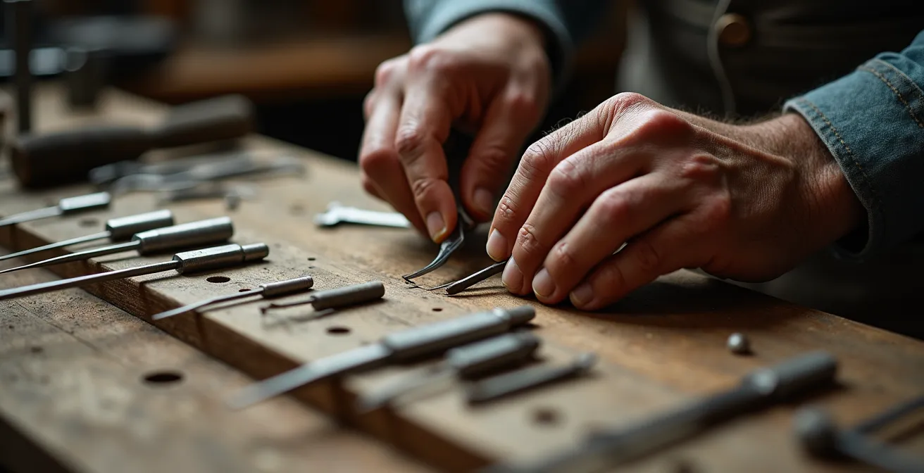Operaio esperto italiano che guida un team nella riorganizzazione 5S di una postazione di lavoro