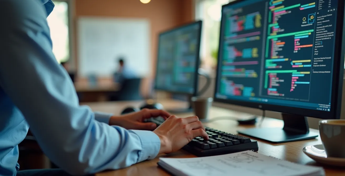 Programmatore al lavoro su codice PLC strutturato con diagrammi di flusso visibili