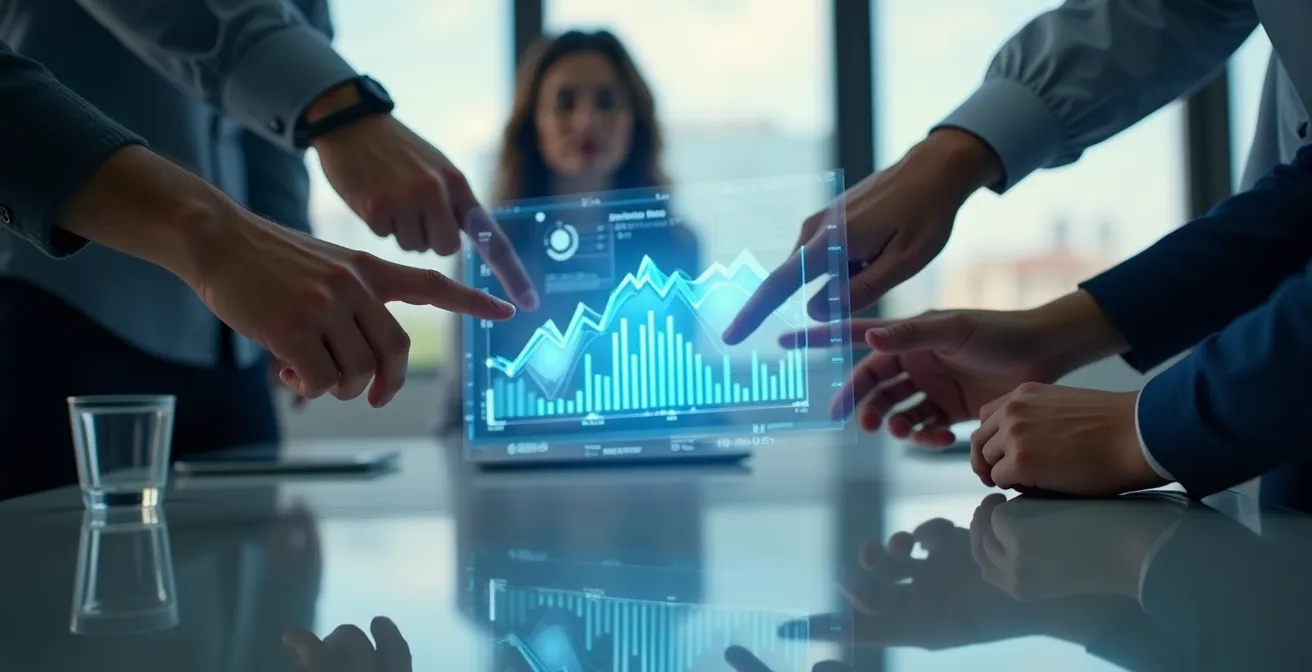 Mani di diversi professionisti che indicano diversi punti su una visualizzazione dati olografica