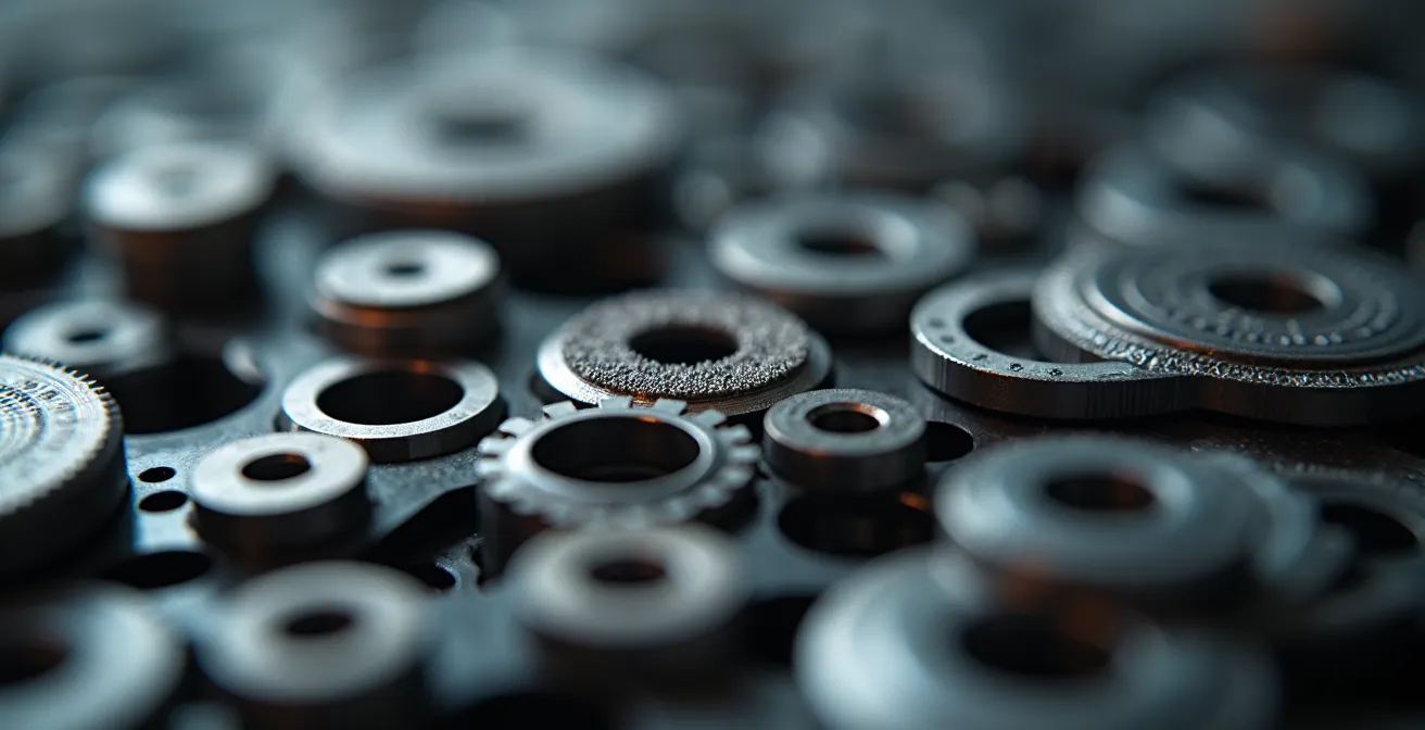 Dettaglio ravvicinato di componenti industriali con texture metalliche e riflessi che suggeriscono precisione e qualità