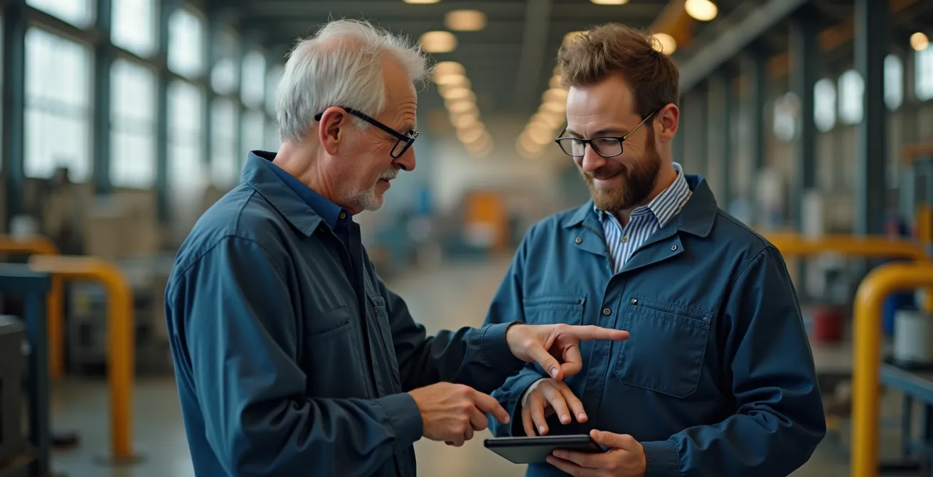 Manager e operatore analizzano insieme dati processo su tablet in ambiente produttivo