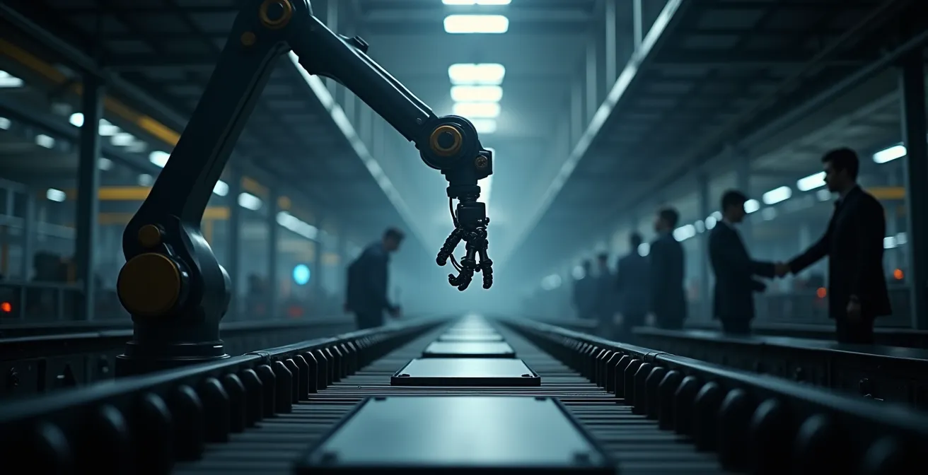 Robot collaborativo montato su struttura sospesa che opera sopra la linea di produzione