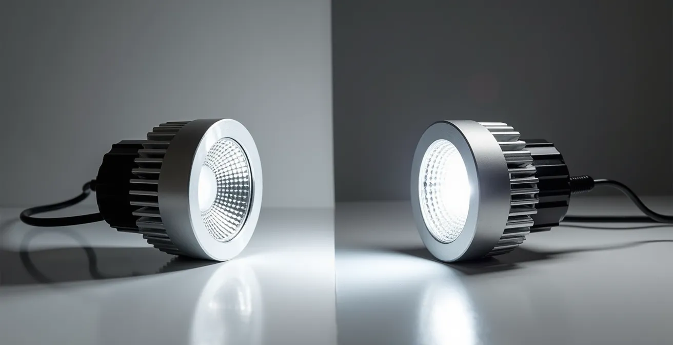 Dettaglio ravvicinato di dissipatore termico in alluminio di LED industriale professionale con alette di raffreddamento