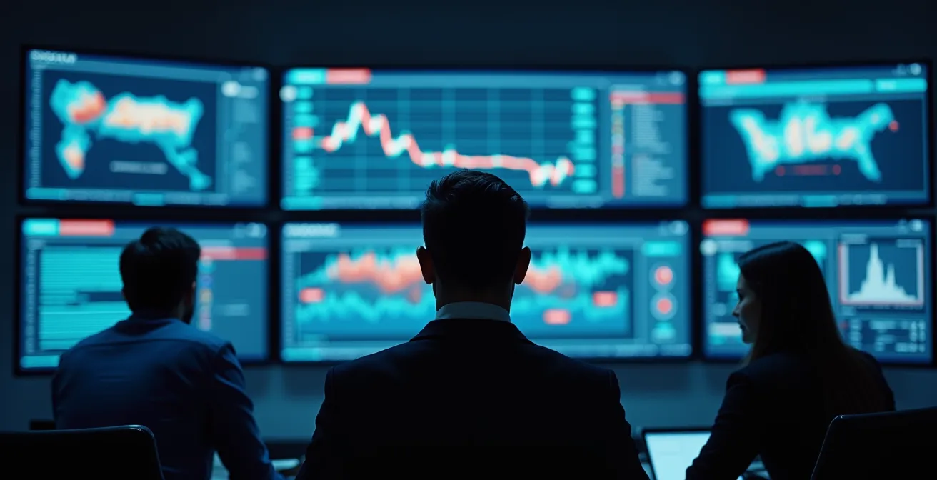 Centro di controllo logistico digitale con operatori che monitorano schermi