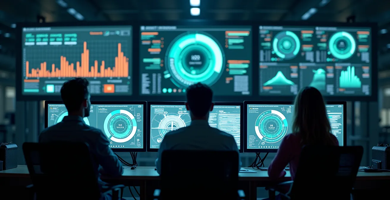 Dashboard di controllo industriale con indicatori KPI visualizzati su monitor multipli