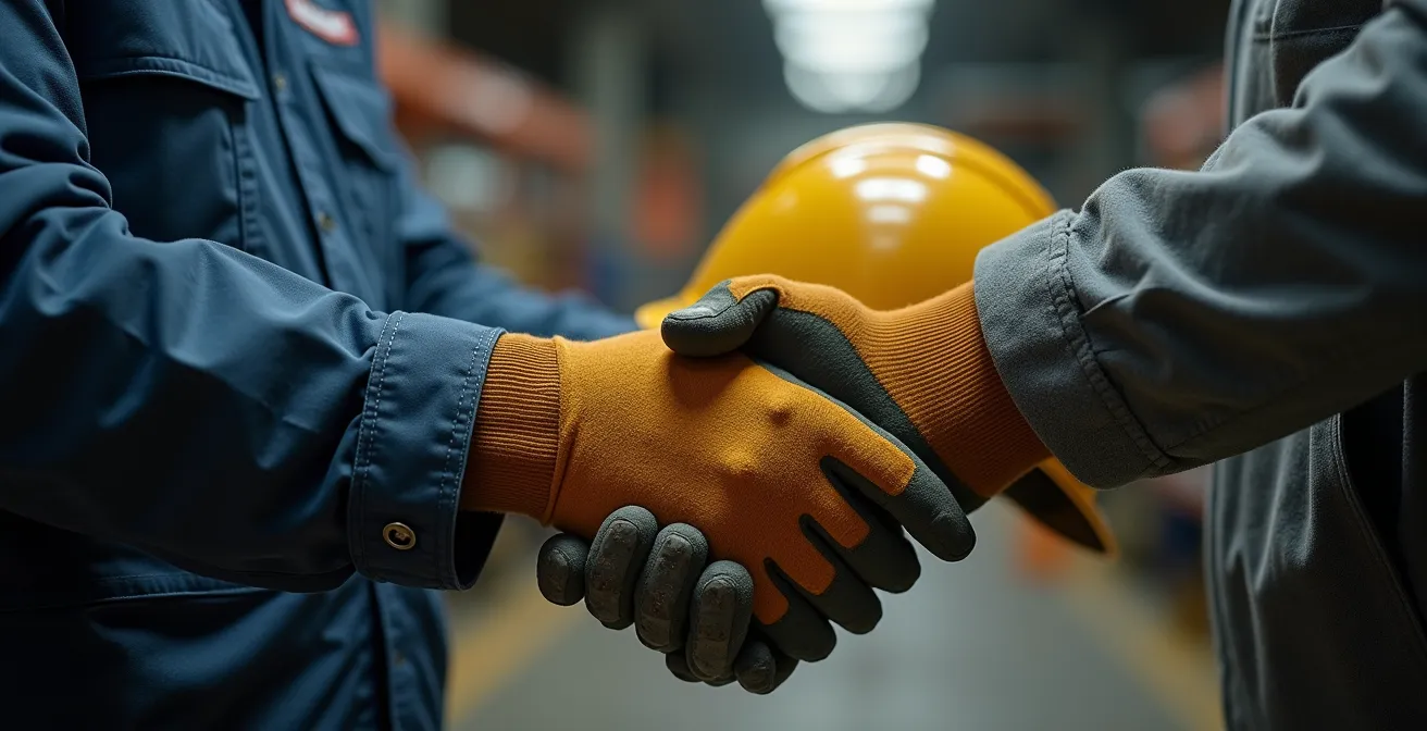 Direttore di stabilimento in un'interazione di ascolto attivo con gli operatori durante una gemba walk in fabbrica.