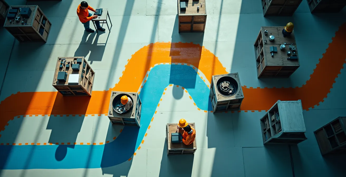 Vista aerea di linea produttiva con flusso continuo visibile attraverso indicatori colorati