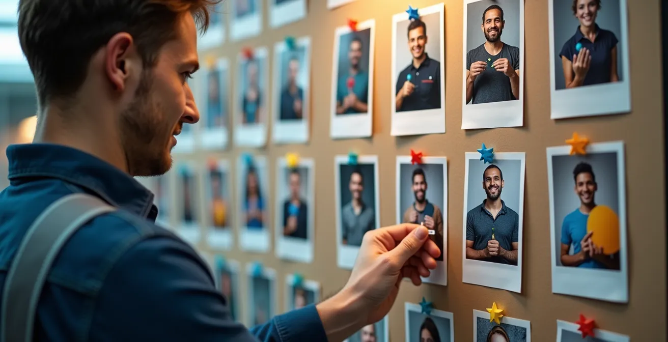 Bacheca celebrativa con foto di operai e le loro piccole innovazioni in fabbrica