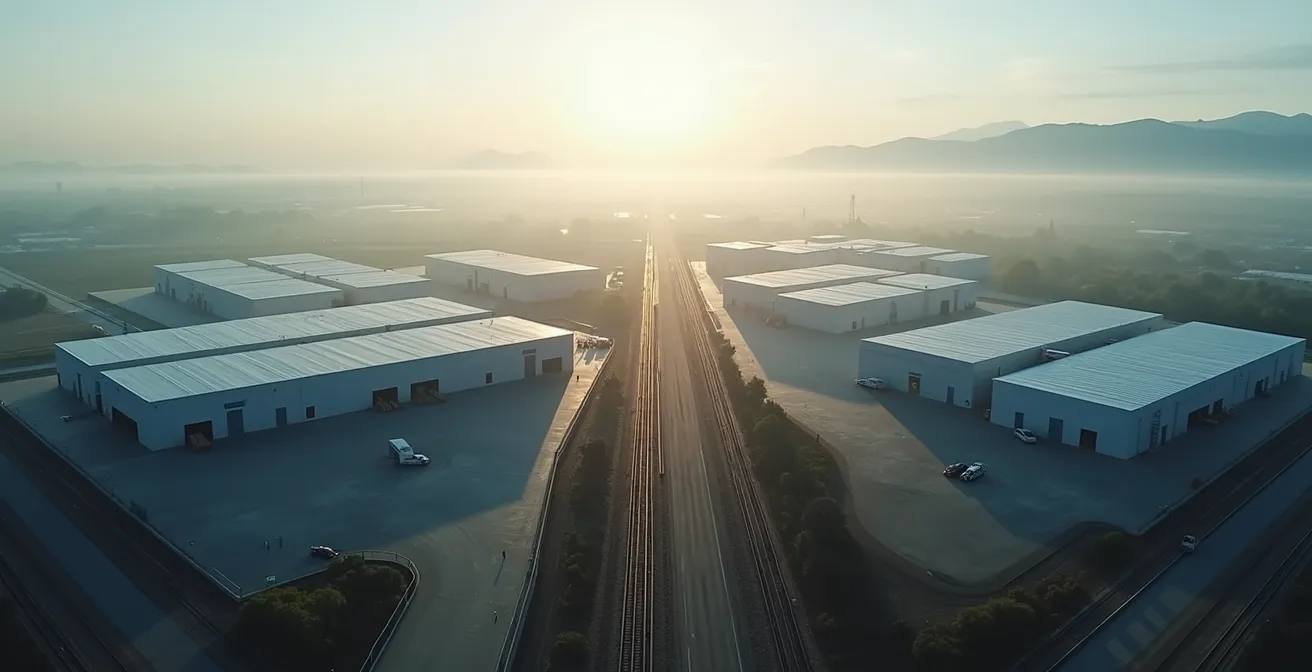 Vista aerea di hub logistico regionale con corridoi di trasporto multipli