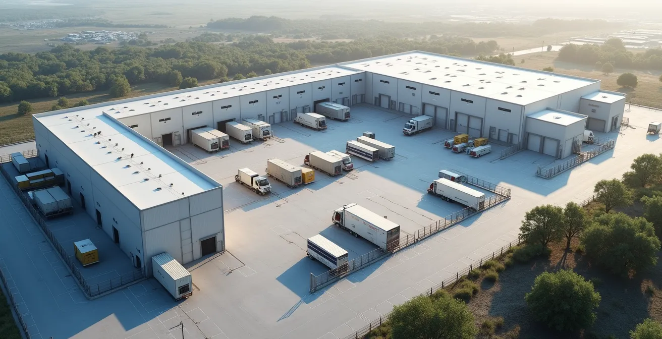 Vista aerea di un moderno magazzino strategico per lo stoccaggio di materie prime critiche