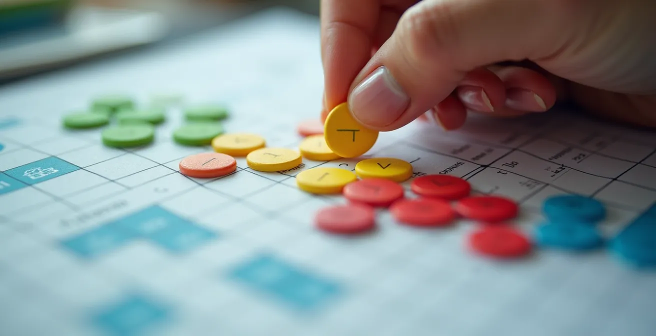 Dettaglio macro di mani che aggiornano una matrice delle competenze visuale con indicatori colorati per diversi livelli di abilità