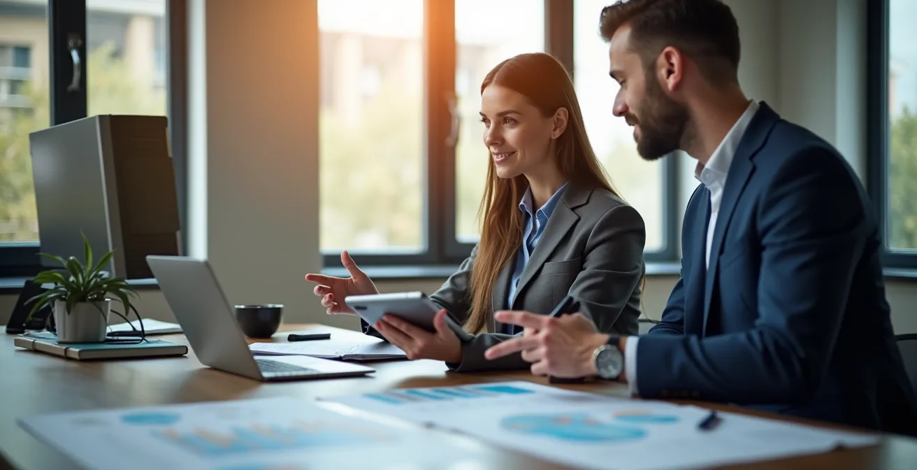 Manager che mostra a un cliente una simulazione di percorsi su tablet in un ufficio moderno