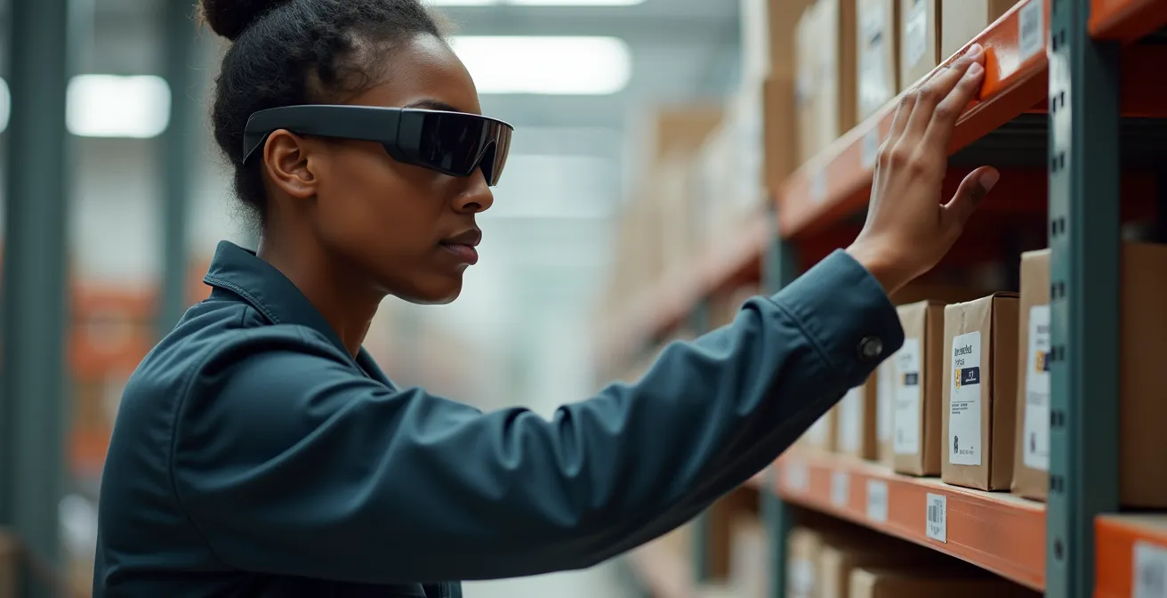 Operatore di magazzino con occhiali per realtà aumentata durante operazione di picking