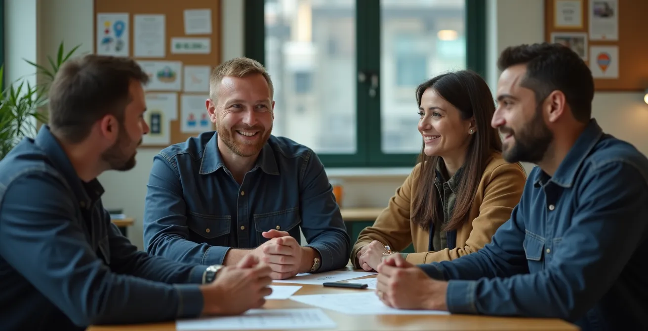 Gruppo di operatori in pausa caffè con facilitatore in ambiente industriale informale