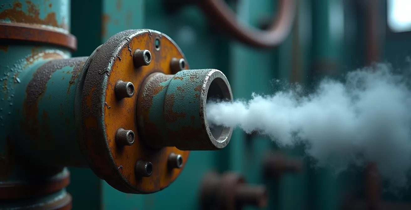 Dettaglio macro di una perdita in un tubo dell'aria compressa con effetto nebbia