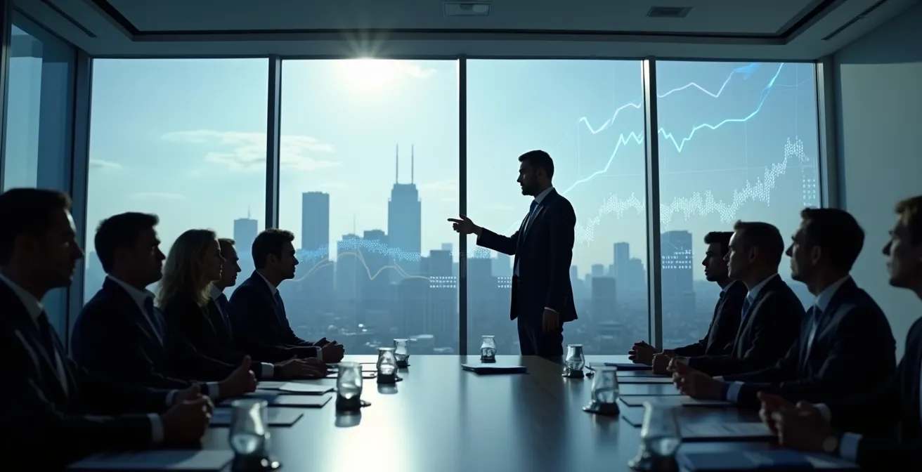 Executive che presenta dati finanziari visualizzati su una dashboard durante un board meeting, traducendo i dati tecnici in impatti di business.