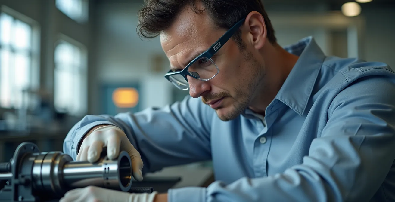 Tecnico specializzato esegue test di controllo qualità su componente meccanico rigenerato in laboratorio certificato