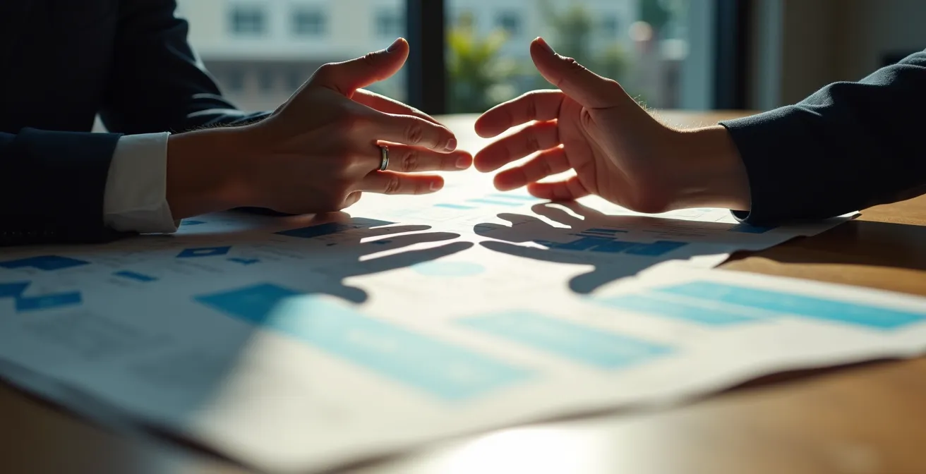Project manager che mostra una matrice di trade-off durante un meeting con un cliente per negoziare le priorità di progetto.