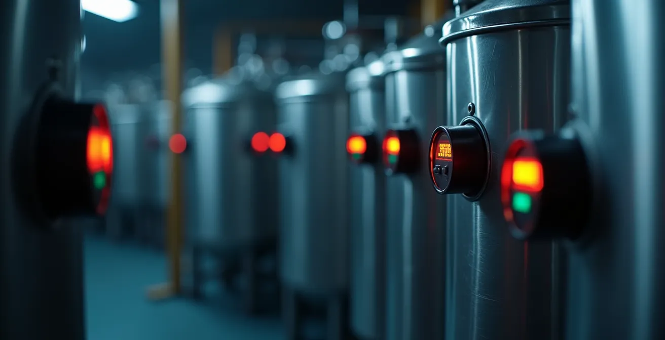 Sensori IoT collegati a serbatoi di lubrorefrigerante con dashboard di monitoraggio in tempo reale