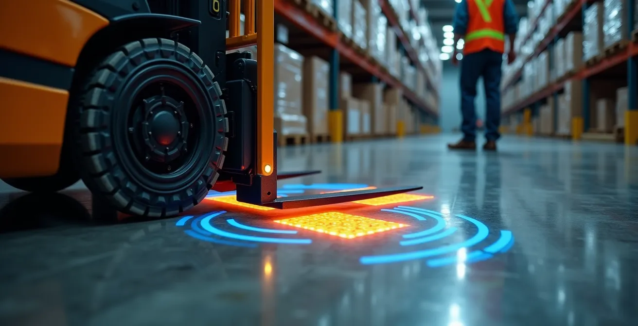 Sistema di sensori UWB su muletto con segnalazioni LED predittive in un incrocio di magazzino