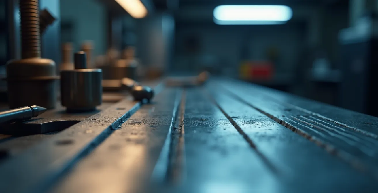 Visualizzazione 3D di simulazione illuminotecnica DIALux con mappa di distribuzione lux su banco lavoro industriale