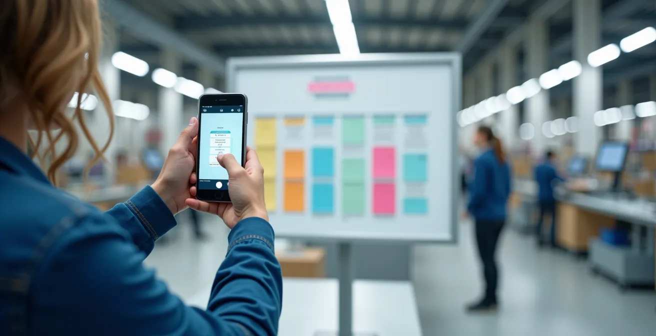 Bacheca Kanban fisica in fabbrica con operaio che scatta foto con smartphone