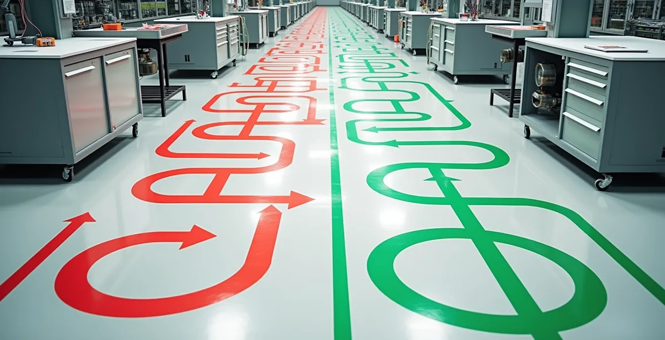 Diagramma spaghetti che mostra il percorso dell'operatore prima e dopo l'ottimizzazione