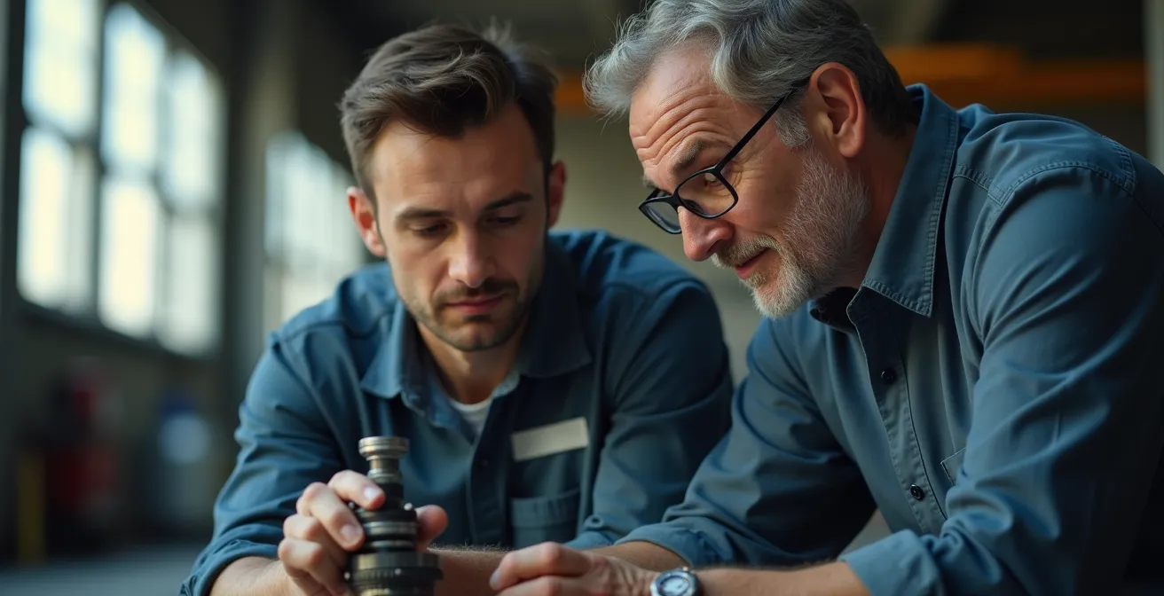 Studente ITS durante tirocinio aziendale affiancato da tutor senior in ambiente produttivo