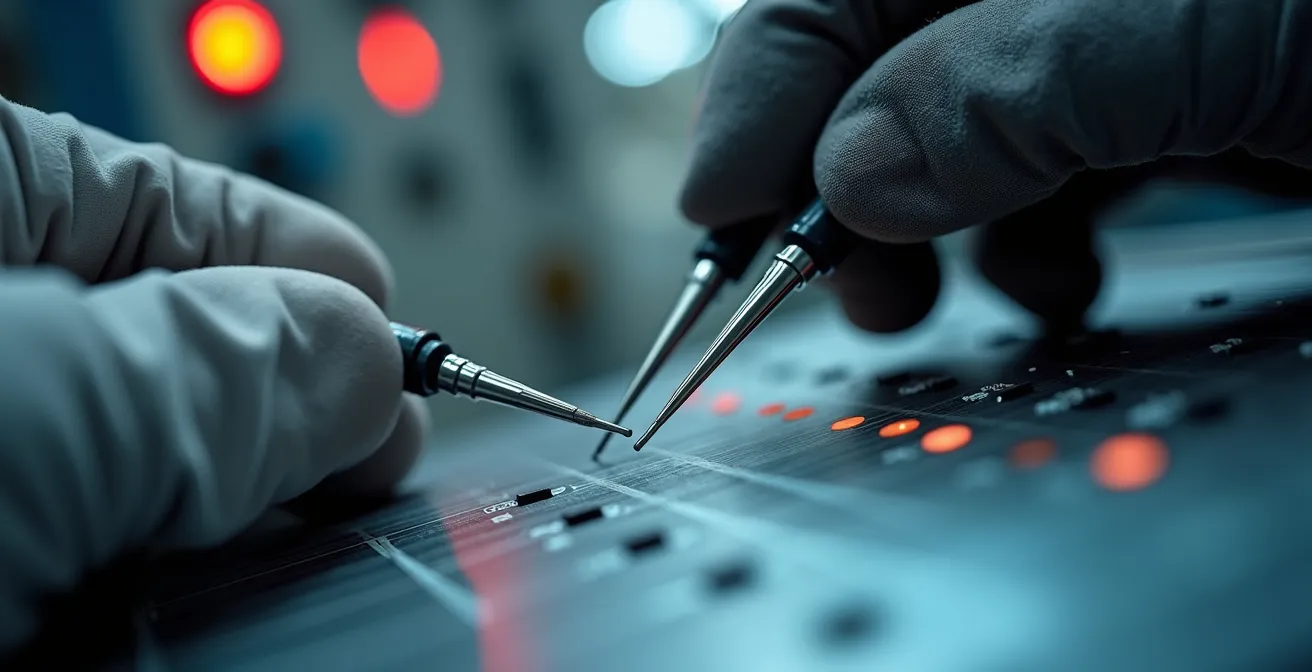 Primo piano mani tecnico con sonde oscilloscopio su encoder motore industriale