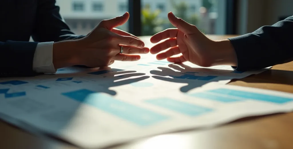 Project manager che mostra una matrice di trade-off durante un meeting con un cliente per negoziare le priorità di progetto. Project manager che mostra una matrice di trade-off durante un meeting con un cliente per negoziare le priorità di progetto.