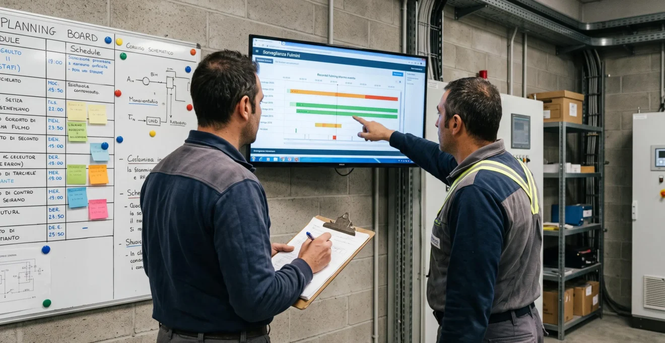 Due ingegneri analizzano insieme i dati di sorveglianza fulmini su uno schermo in un impianto industriale.