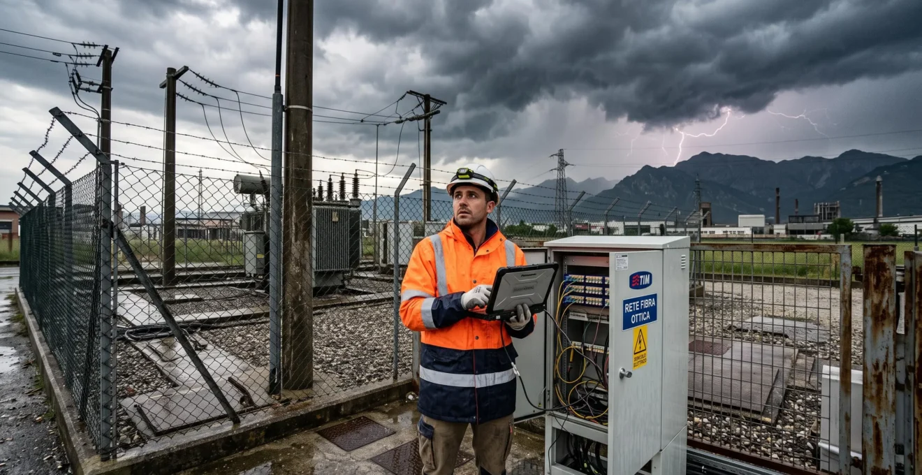 Un tecnico controlla un armadio di distribuzione in fibra ottica sotto un cielo tempestoso in un sito industriale.
