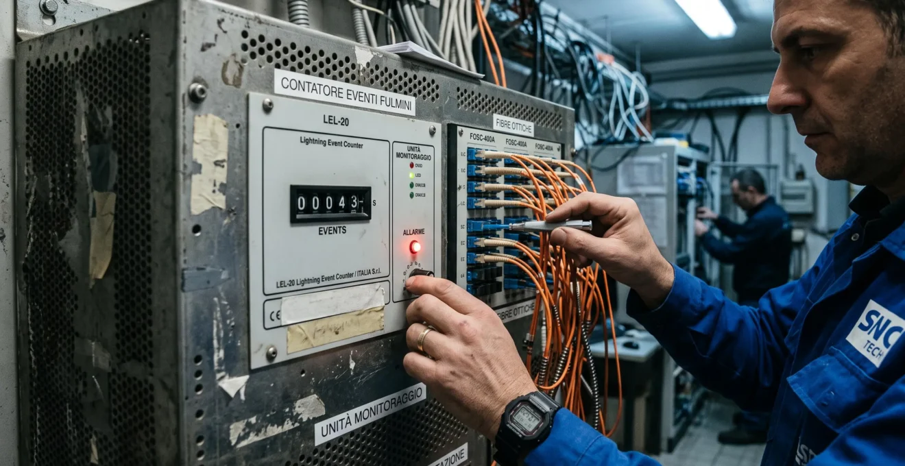 La mano di un tecnico ispeziona un connettore in fibra ottica accanto a un'unità di monitoraggio fulmini.